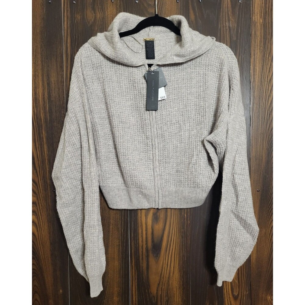 NWT 100% Cashmere Magaschoni Heather Gray Crop Zip Front Hooded Sweater L $245